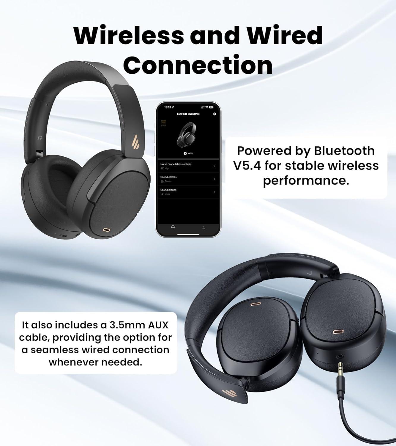 imageEdifier W80 Over Ear Headphones with 49dB Active Noise Cancelling LDAC HiRes Wired ampamp Wireless AI Clear Call Fast Charging Multipoint Connection Bluetooth V54  Black RenewedBlack
