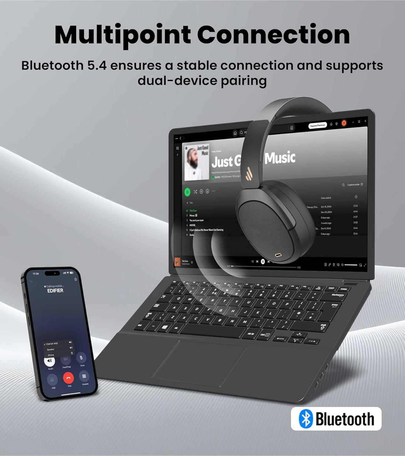 imageEdifier W80 Over Ear Headphones with 49dB Active Noise Cancelling LDAC HiRes Wired ampamp Wireless AI Clear Call Fast Charging Multipoint Connection Bluetooth V54  Black RenewedBlack