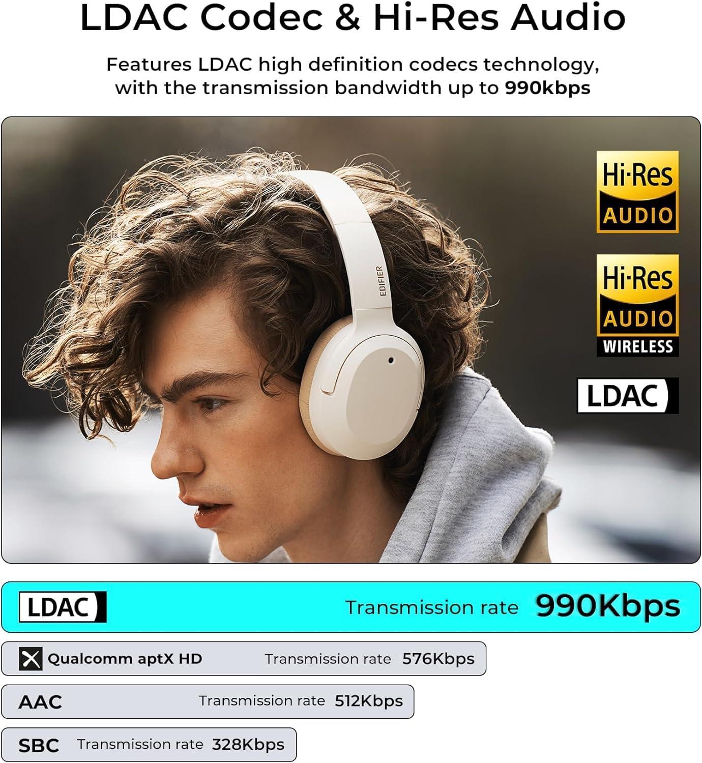 imageEdifier W820NB Plus Hybrid Active Noise Cancelling Headphones  LDAC Codec  HiRes Audio Wireless ampamp Wired  Fast Charge  Over Ear Bluetooth V52 Headphones for TravelHomeOffice Ivory Renewed